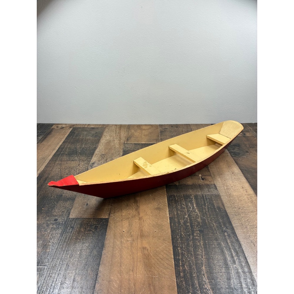 Wooden Canoe Model Boat Red Yellow 23 inch Nautical Decor Good Condition